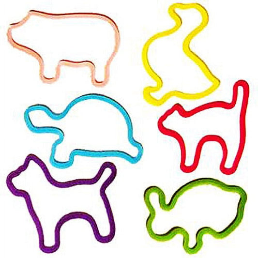 Six colorful Silly Bandz animal-shaped bracelets in peach, yellow, blue, purple, red, and green arranged on white background