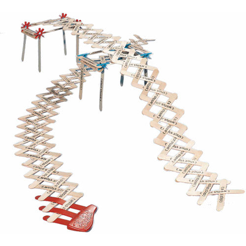 Stick Storm Classic building set with wooden sticks, connectors, and red base pieces arranged in an extended structure with blue and red decorative elements