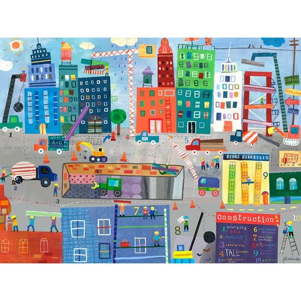 Colorful canvas wall art illustration of a busy construction zone cityscape with numbered buildings, construction vehicles, workers, and city scenes in bright p
