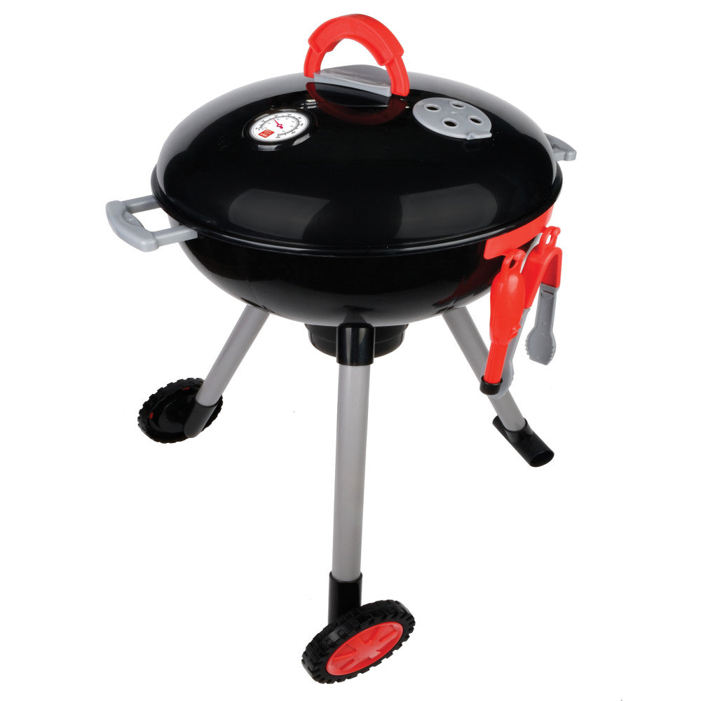 Black toy barbecue grill with red handles, gray legs with black wheels, temperature gauge and ventilation holes on lid