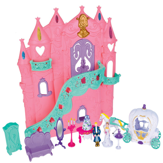 Pink castle playset with turquoise staircase, purple doors and furnishings, gold details, small figurines, and white light-up carriage with wheels