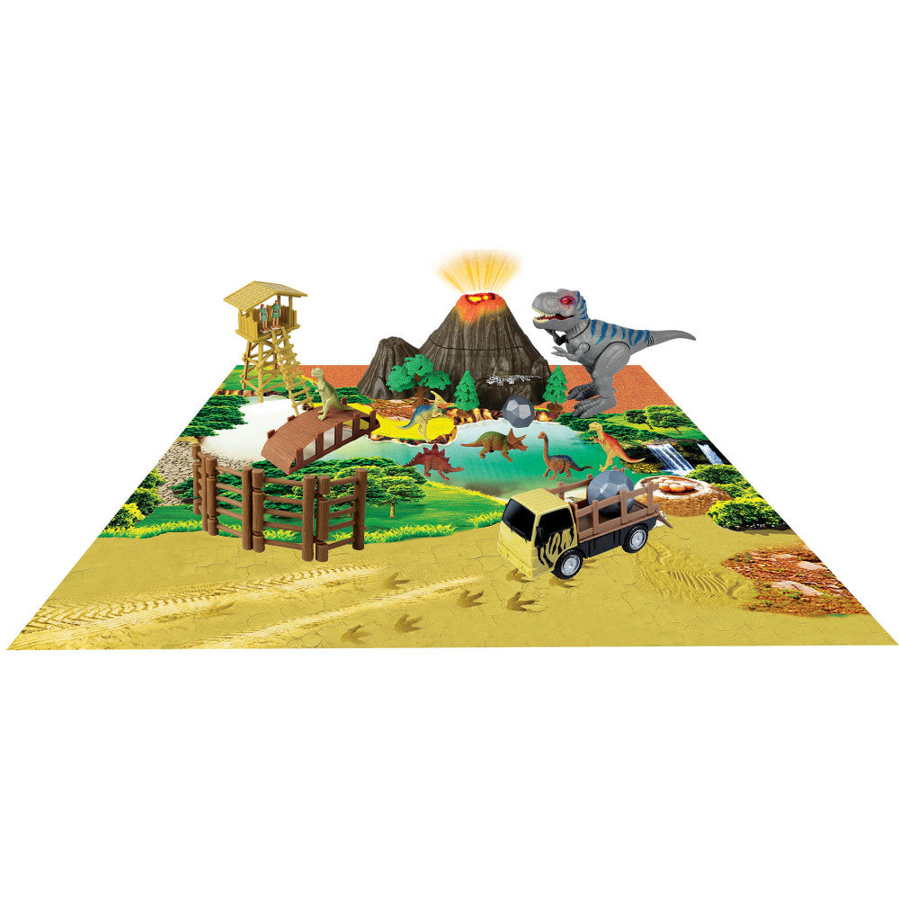 DinoWorld Adventure Playset with walking T-Rex dinosaur figure, light-up volcano, wooden watchtower, fence, bridge, toy truck, and small dinosaur figures on yel