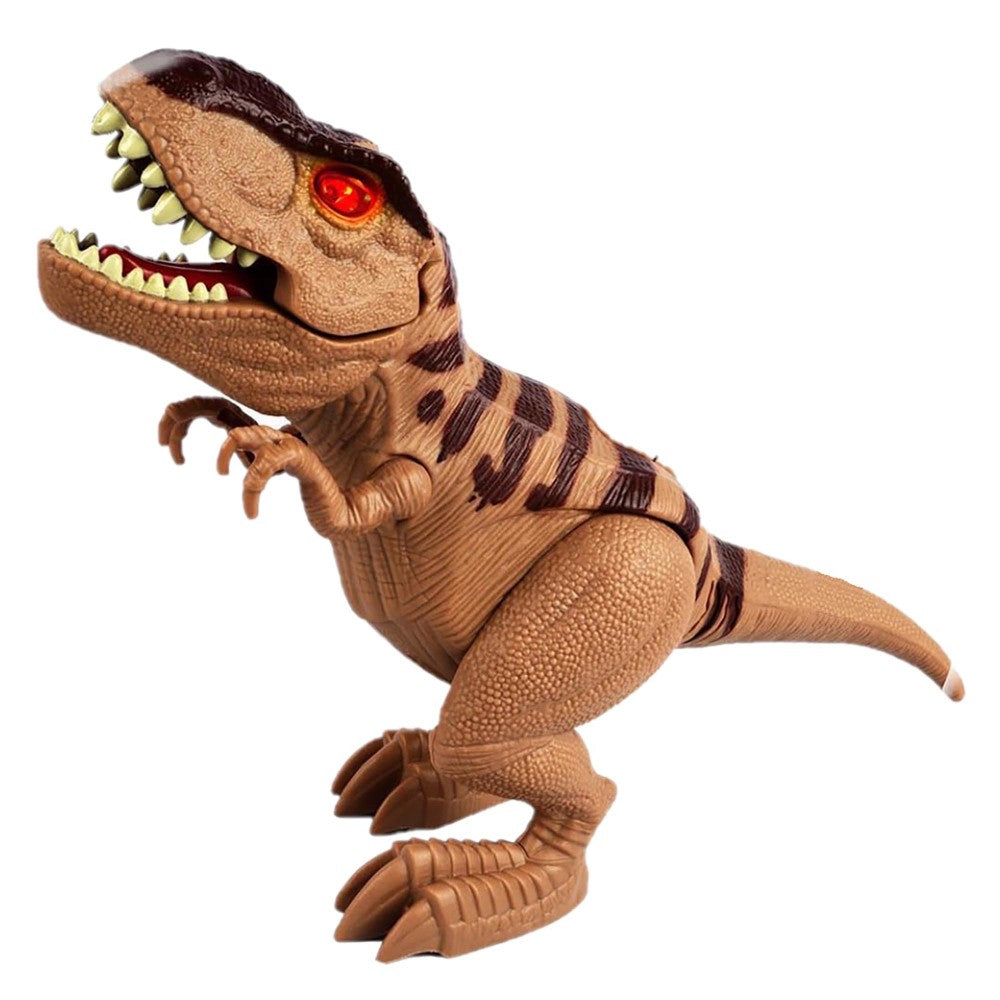 Brown T-Rex dinosaur toy with red eyes, yellow teeth, articulated limbs, and textured body details on plain background
