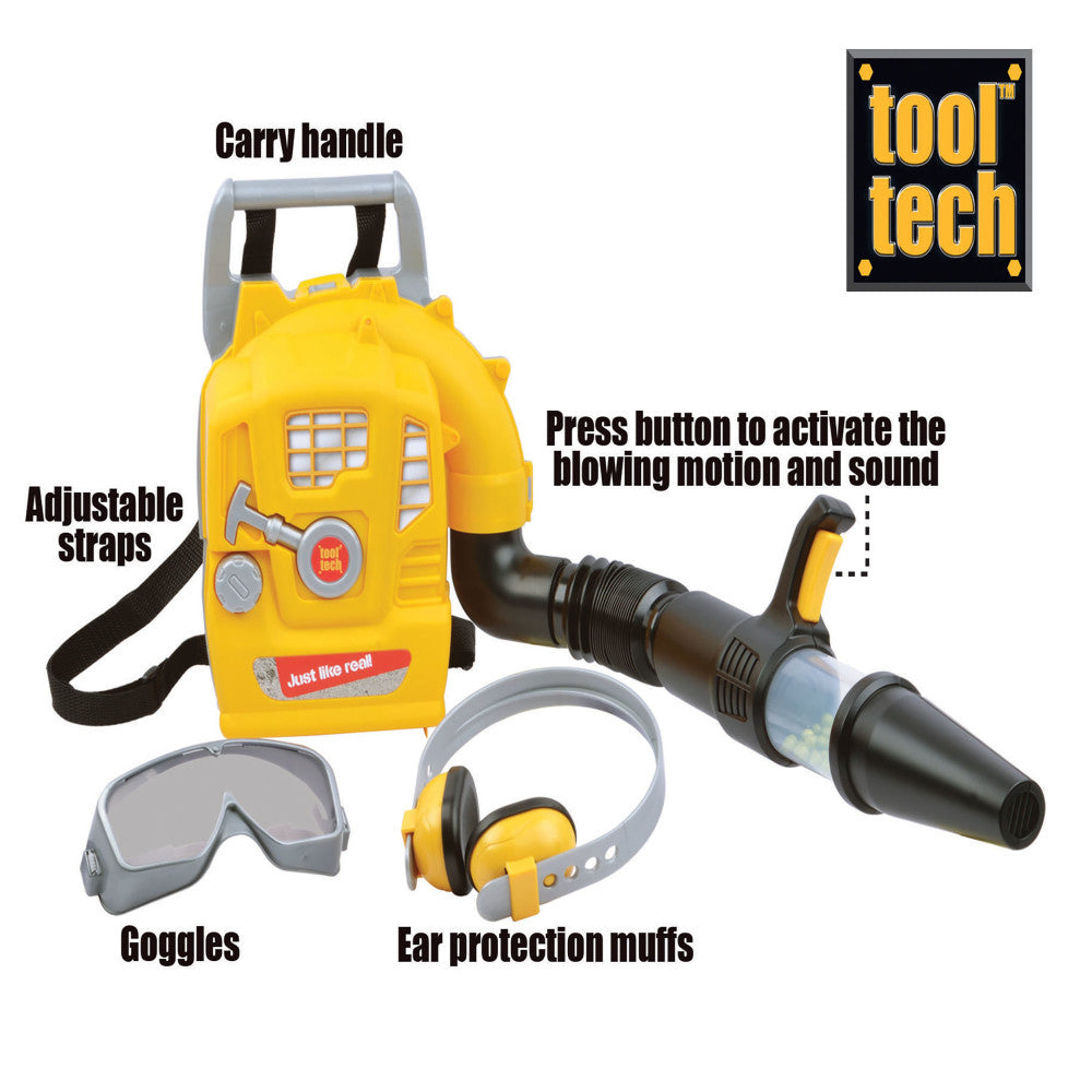 Tool Tech kids' power backpack leaf blower set with yellow backpack unit, black blower nozzle, gray goggles, yellow ear protection muffs, and gray carry handle