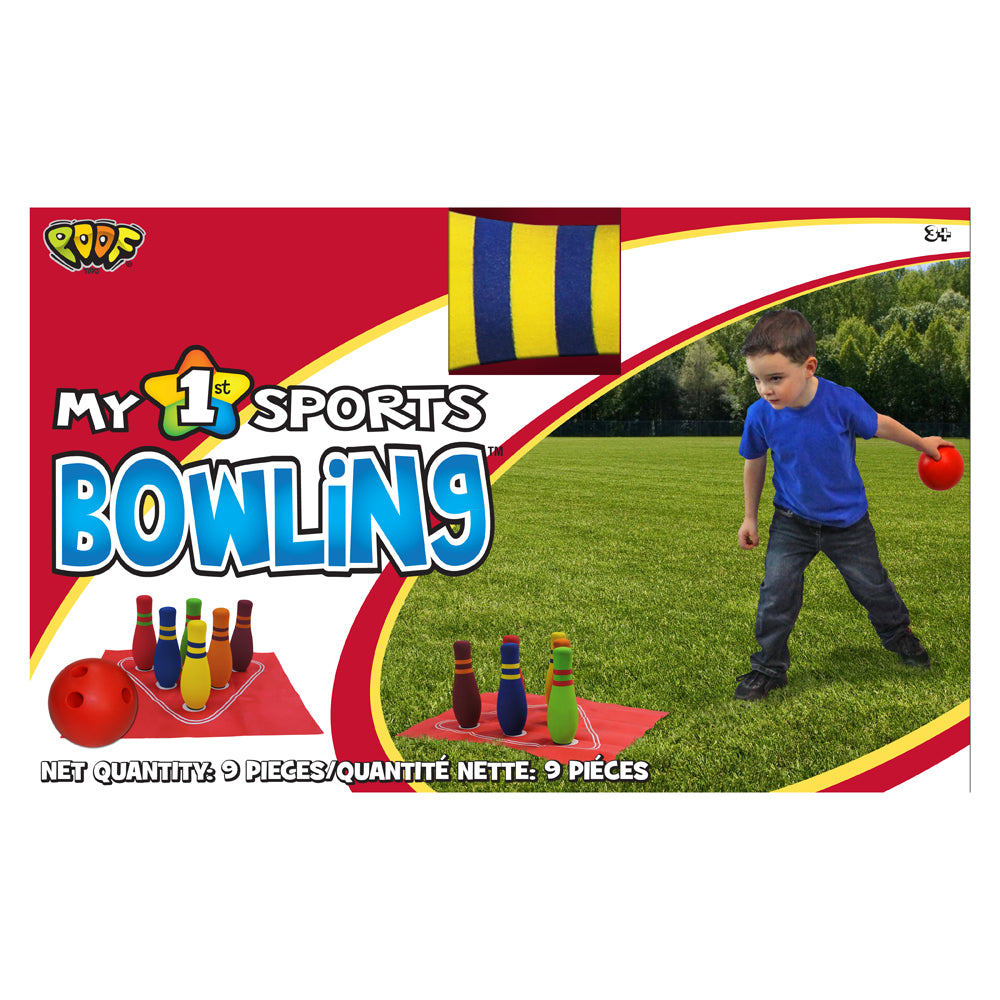 My 1st Sports Bowling Set package showing red foam ball, colorful striped pins, and child modeled on grass throwing red ball