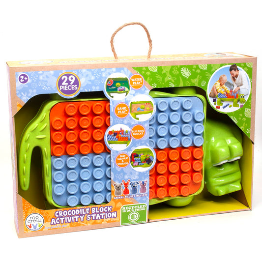 Crocodile Block Activity Station with bright green crocodile-shaped storage bin, red and blue building blocks, and animal figures, ages 2+