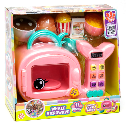 Pink whale-shaped microwave playset with electronic light and sound features, includes 17 accessories like play food, dishes, and utensils in packaging