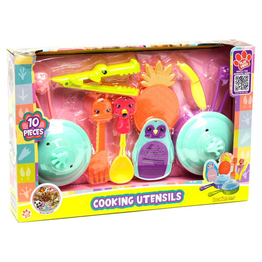 Zoo Troop 10-piece animal-themed cooking utensils playset with colorful plastic pots, pans, utensils, and animal character pieces in yellow, pink, orange, and m