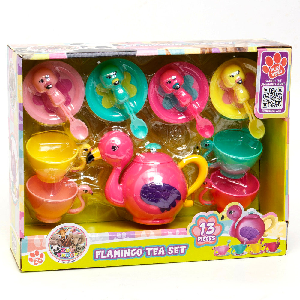 Flamingo Tea Set with 13 pieces including colorful teapot, cups, saucers, and flamingo-shaped figures in pink, yellow, turquoise, and orange