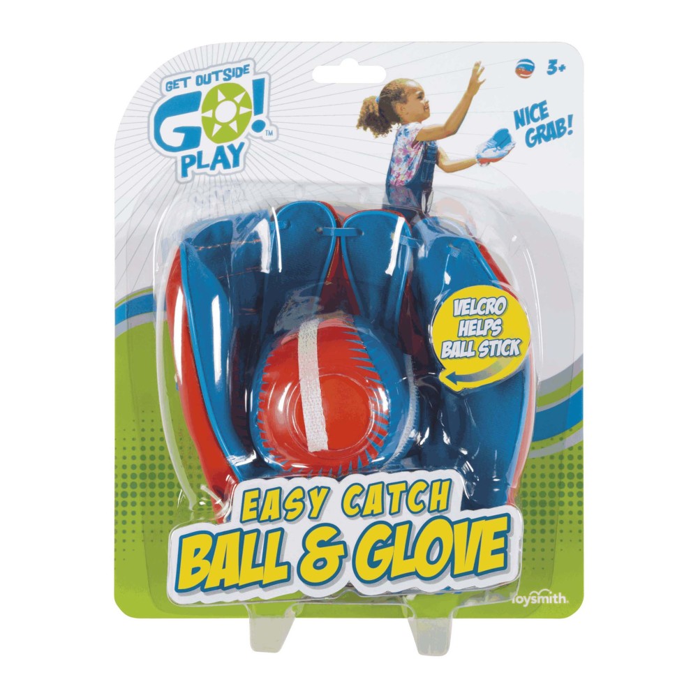 Easy Catch Ball & Glove Set with blue velcro gloves and red ball, packaged for ages 3+