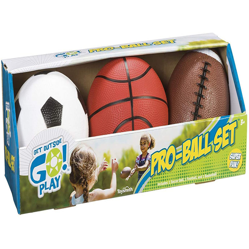 Get Outside GO! Pro-Ball Set containing three sports balls: white soccer ball, red basketball, and brown football in packaging
