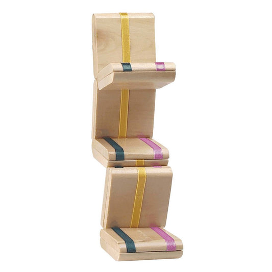 Wooden Jacob's Ladder toy with stacked rectangular blocks connected by gold and multicolored ribbons, creating a classic optical illusion effect when folded