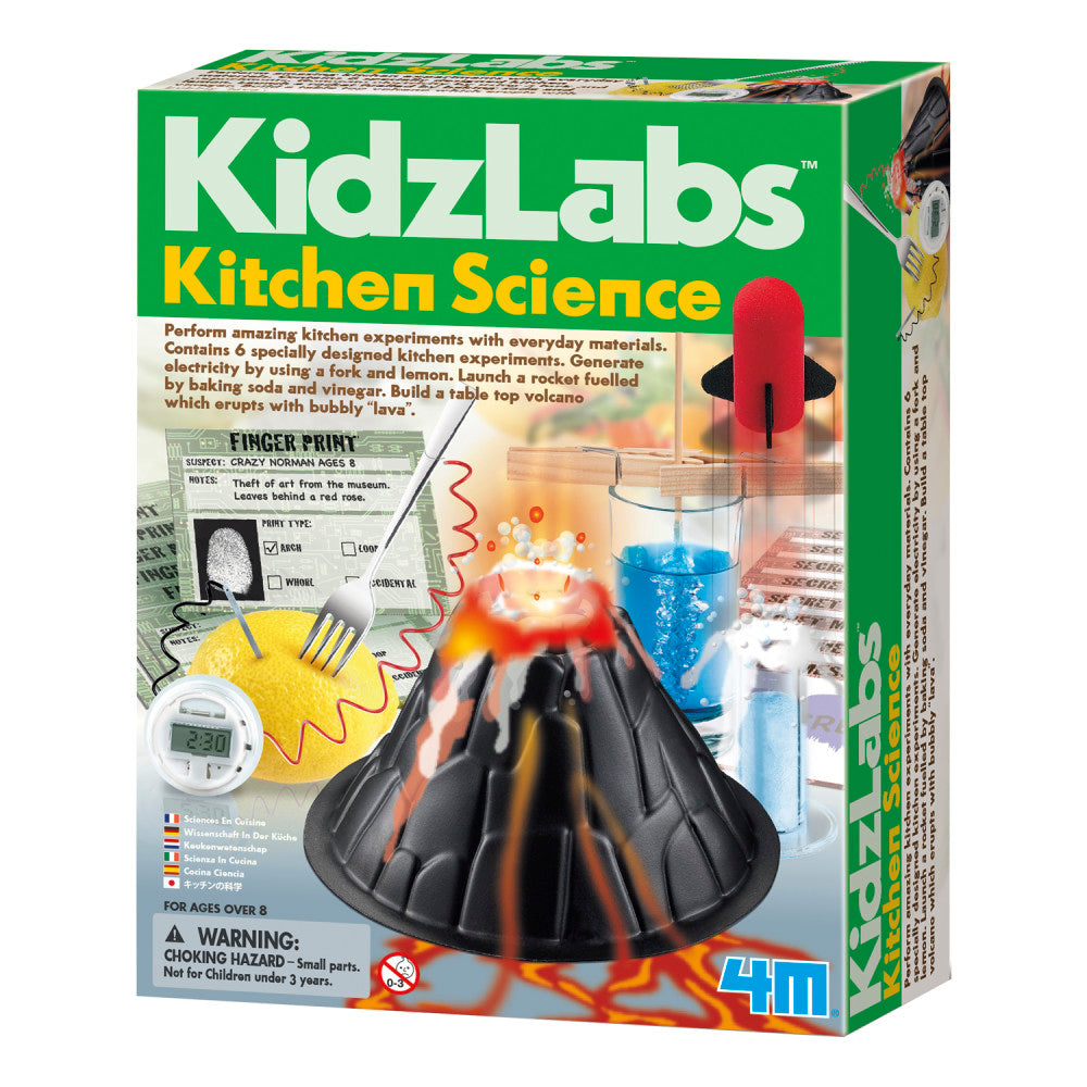 KidzLabs Kitchen Science kit box showing a black volcano with red lava eruption, blue liquid in beaker, yellow circular device, fingerprint card, and materials