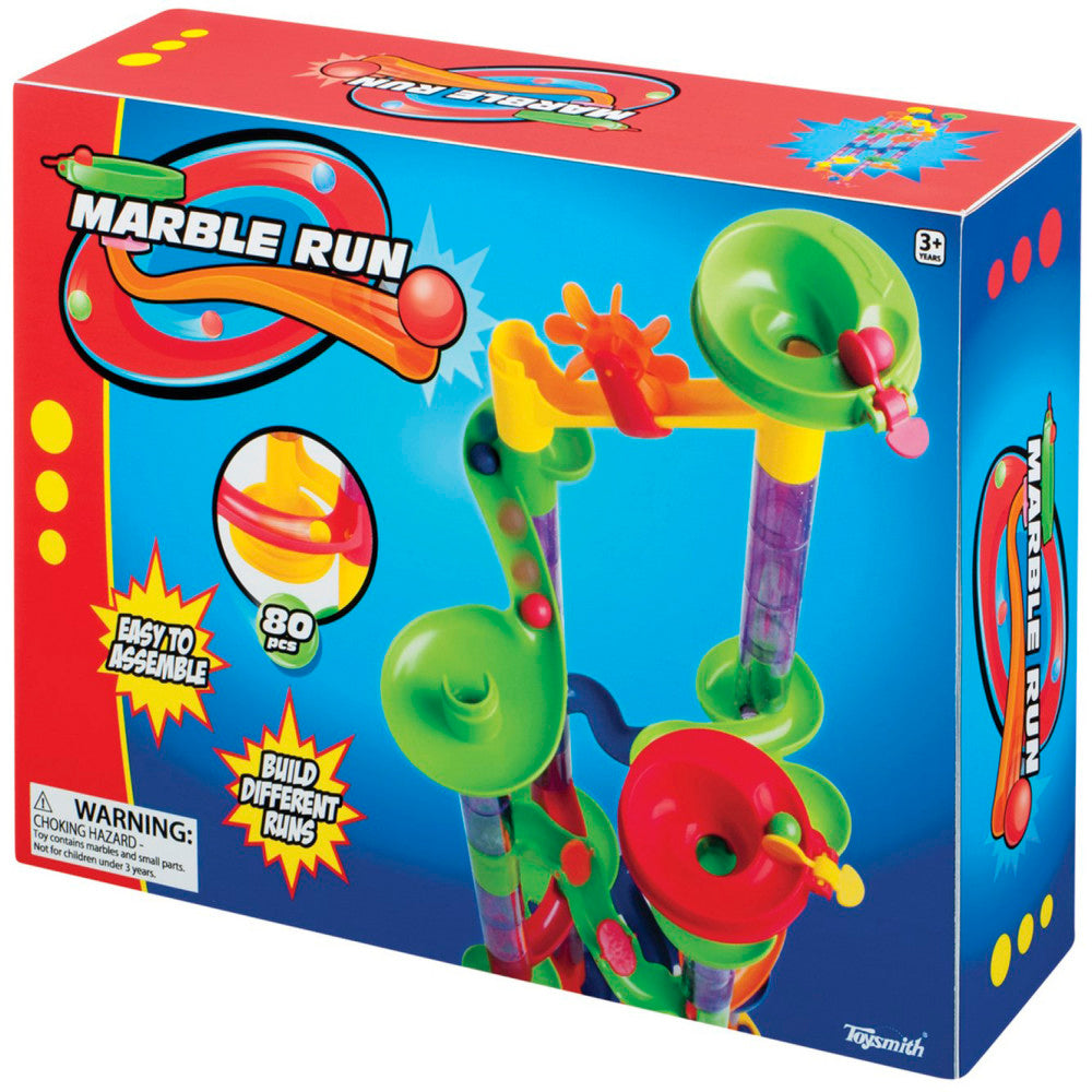 Marble Run Construction Set with 80 plastic pieces including colorful tubes, funnels, and tracks in green, red, yellow, and purple, shown assembled on packaging