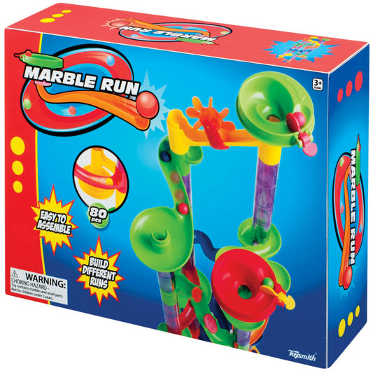 Marble Run Construction Set with 80 plastic pieces including colorful tubes, funnels, and tracks in green, red, yellow, and purple, shown assembled on packaging
