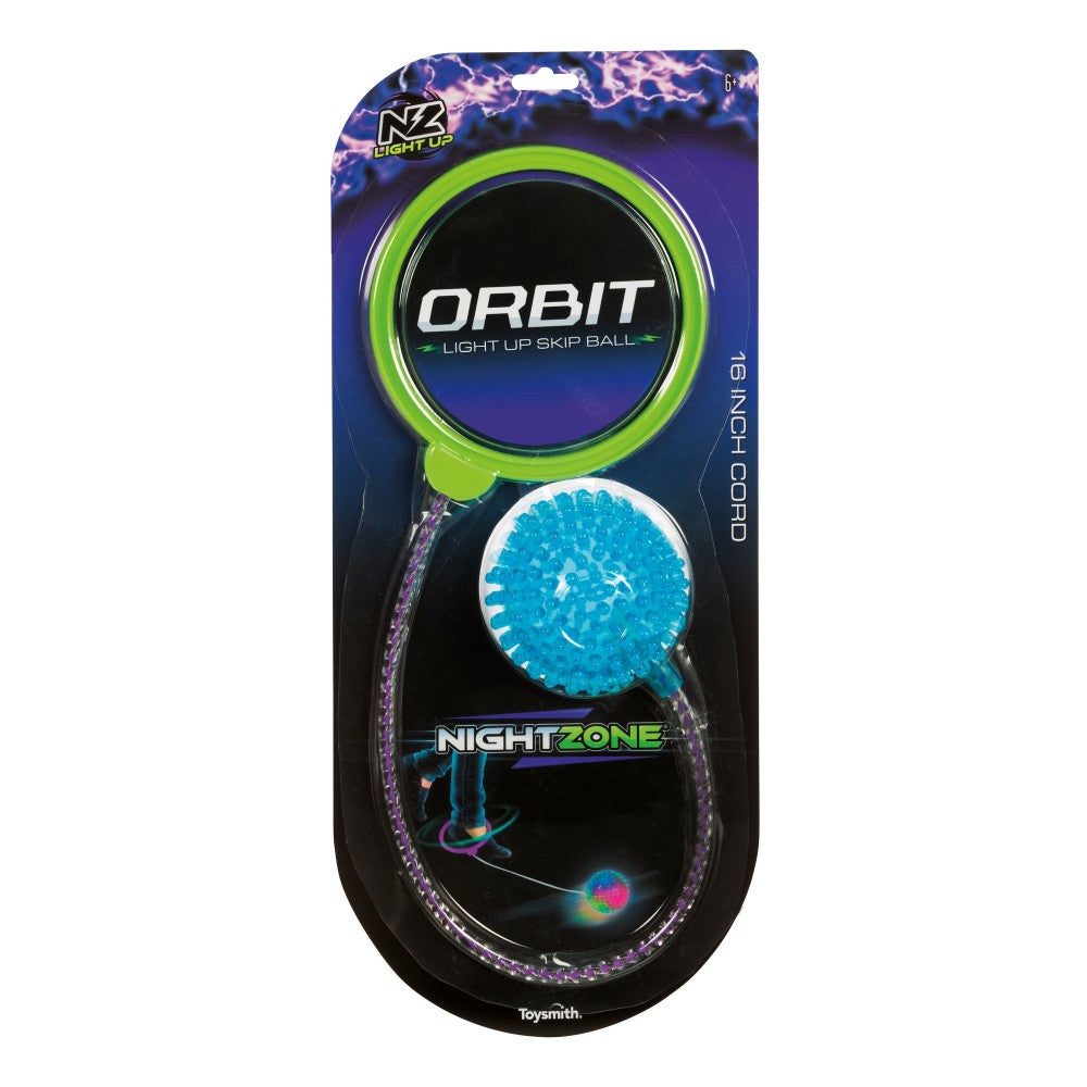 Nightzone Orbit light-up skip ball with neon green handle and turquoise LED ball on purple packaging