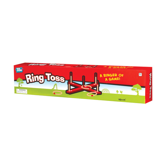 Wooden ring toss game set with red frame and wooden posts on grass-patterned packaging