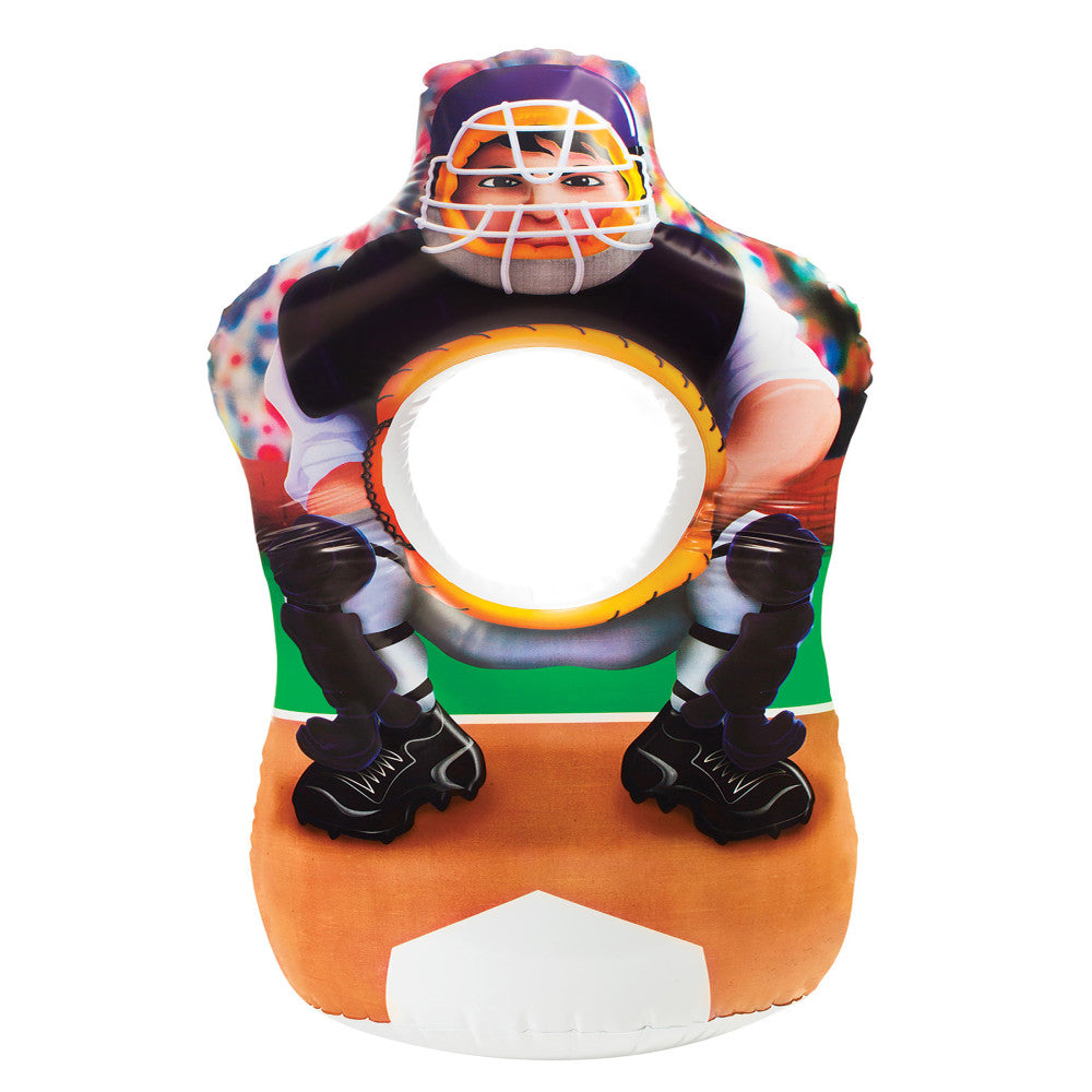 Inflatable sports toss game with multicolor football player design, white catch ring in center, orange and green base