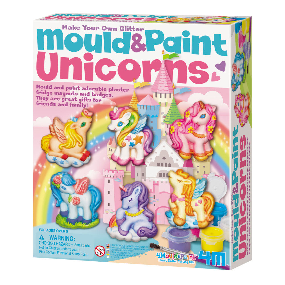 Make Your Own Glitter Mould & Paint Unicorns craft kit box showing colorful plaster unicorn figures, a castle, and paint containers for decorating
