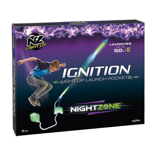 NightZone Ignition Light Up Launch Rockets box showing glowing purple lightning background, child on model jumping, and illuminated rocket launcher that launche