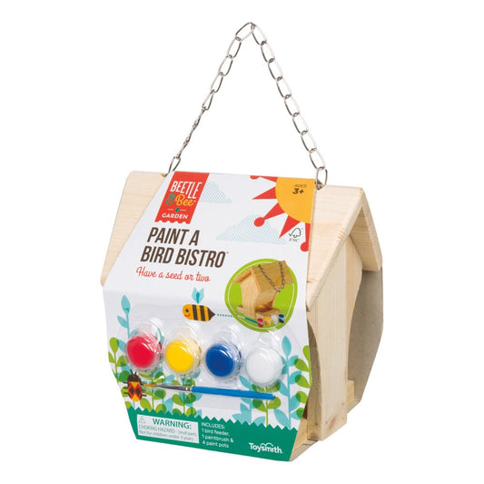 Wooden birdhouse craft kit with metal chain hanger, packaged with paint pots in red, yellow, blue, and white, paintbrush, and instruction label showing bee and
