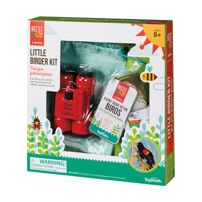 Beetle & Bee Garden Little Birder Kit box containing red binoculars, bird identification guide, trading cards, and storage bag for ages 5+