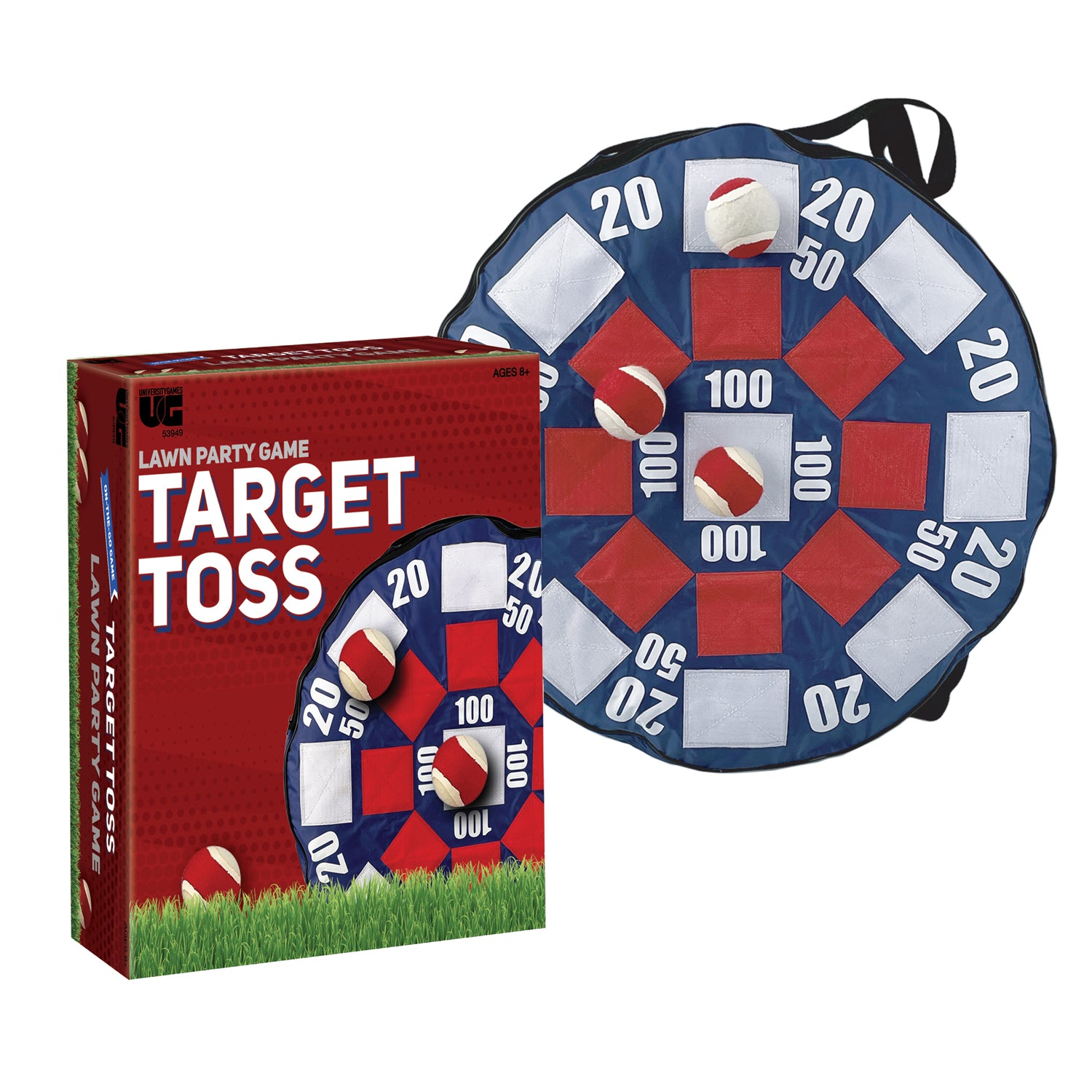 Lawn Party Game Target Toss set with red and white box, blue circular target board with red and white squares and point values, and self-stick balls