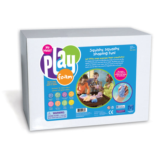 Playfoam Class Pack box showing colorful foam balls, modeled by children shaping and playing with the product
