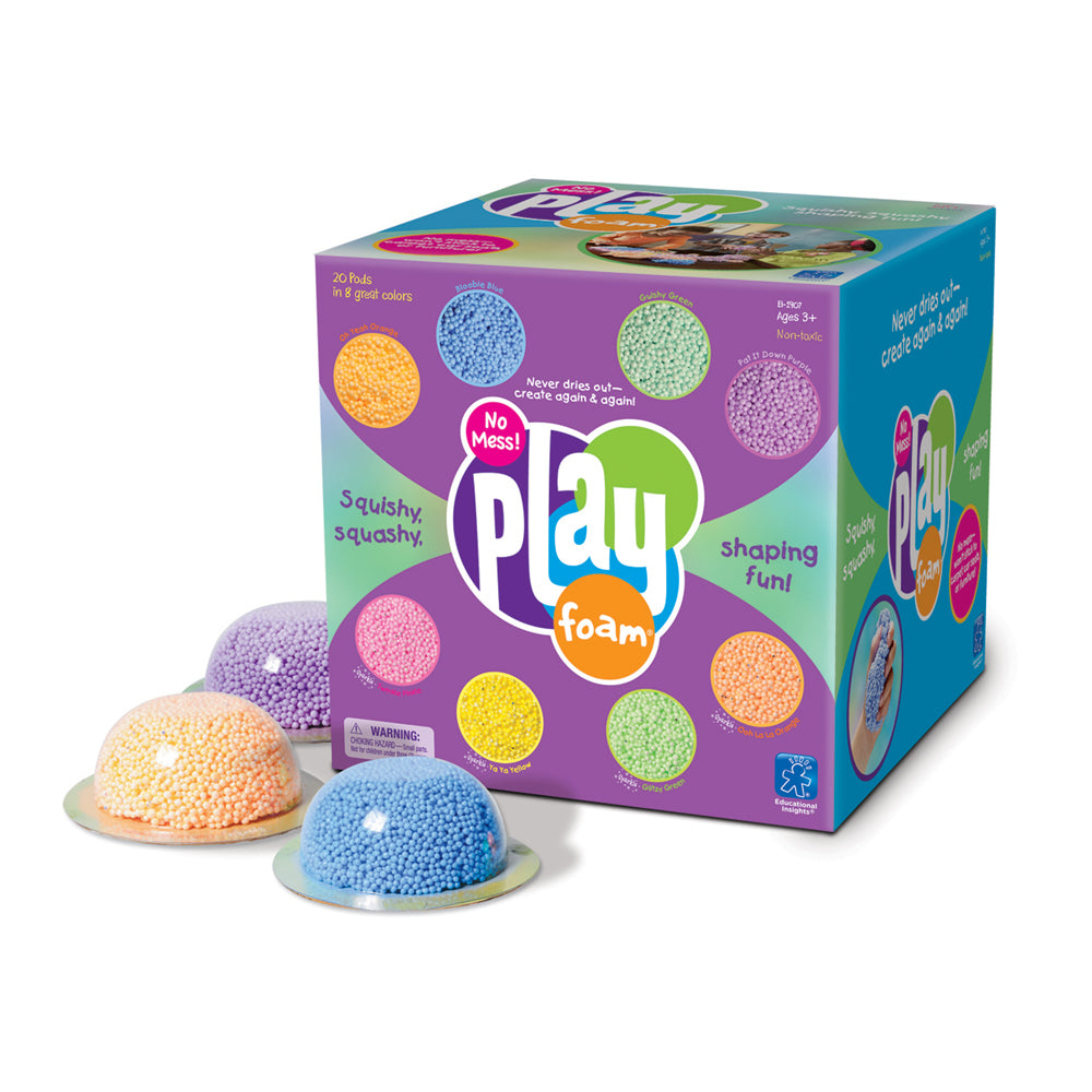 Playfoam 20-pack with colorful foam balls in yellow, blue, green, and purple displayed with purple, peach, and blue domes on white base
