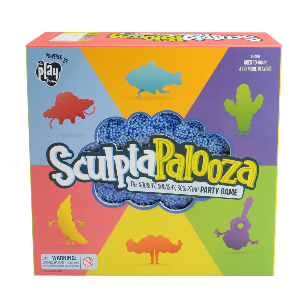 SculptaPalooza party game box featuring blue sculptable beads in center cloud shape, colorful animal silhouettes on sides, ages 10-adult, 4 or more players