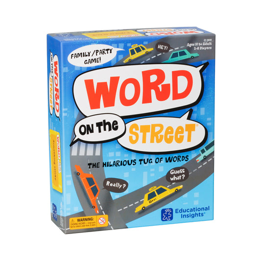 Word on the Street board game box featuring blue background with street scene, colorful cars, and speech bubbles, labeled as family/party game for ages 10 and u
