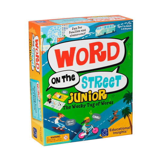 Word on the Street Junior board game box featuring colorful street scene with children playing, palm trees, and game components displayed on front