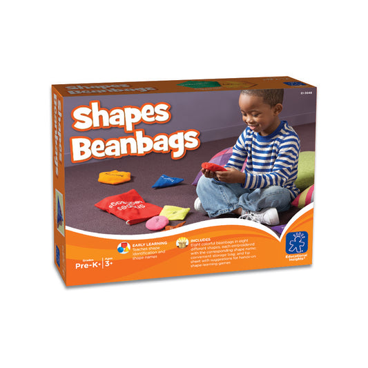 Shapes Beanbags box showing a child on model tossing a red beanbag, with colorful shape-themed beanbags displayed on the floor, for ages Pre-K and up