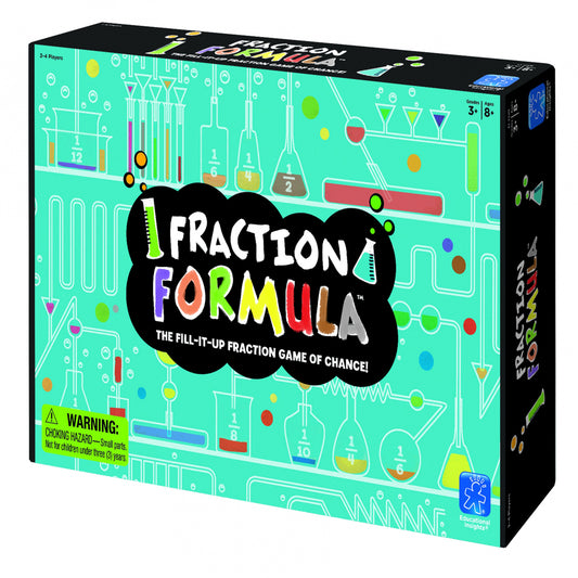 Fraction Formula board game box featuring turquoise background with laboratory beaker and flask graphics, colorful title text, and 2-4 players label for ages 3+