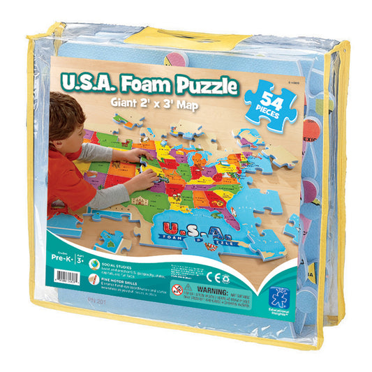 U.S.A. Foam Puzzle Giant 2' x 3' Map, 54 pieces, modeled by a child placing colorful state pieces on wooden floor