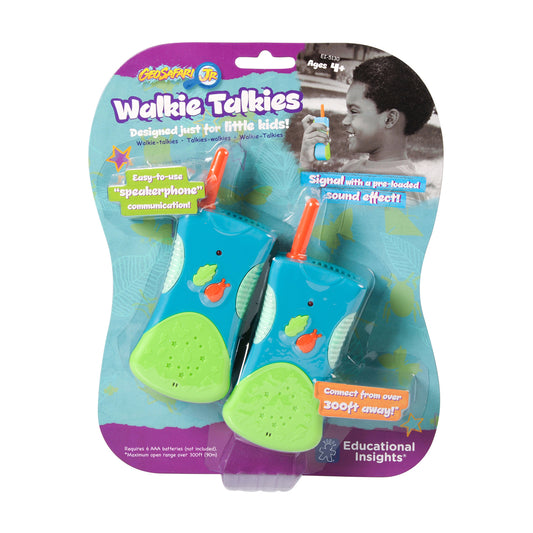 GeoSafari Jr. Walkie Talkies package showing two blue walkie talkies with red antennas and lime-green speaker grills, designed for ages 4+, with child modeled o
