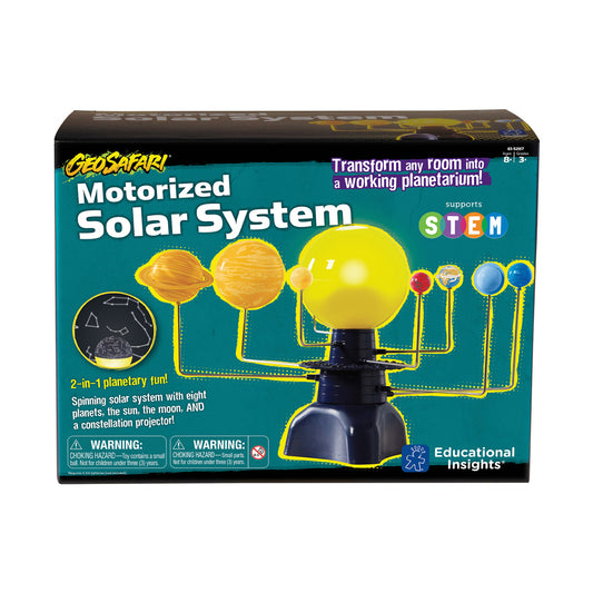 GeoSafari Motorized Solar System box showing yellow sun sphere, eight planet orbs on stems, and black motorized base with constellation projector