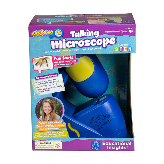 GeoSafari Jr. Talking Microscope in blue and yellow with yellow eyepieces, displayed in packaging featuring Bindi Irwin and wildlife imagery