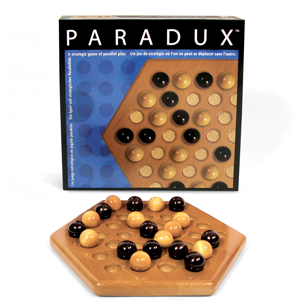 Paradux Classic Strategy Wooden Board Game with hexagonal wooden board, black and natural wood spheres, and game box showing parallel play mechanics