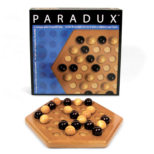 Paradux Classic Strategy Wooden Board Game with hexagonal wooden board, black and natural wood spheres, and game box showing parallel play mechanics