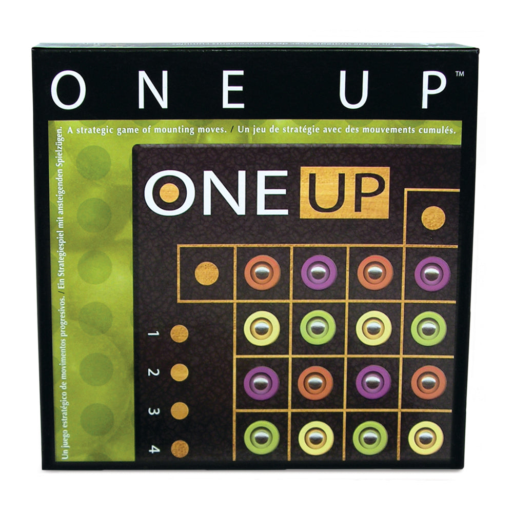 One Up strategy board game box showing game board with colored tokens in rows and numbered moving pieces on left side