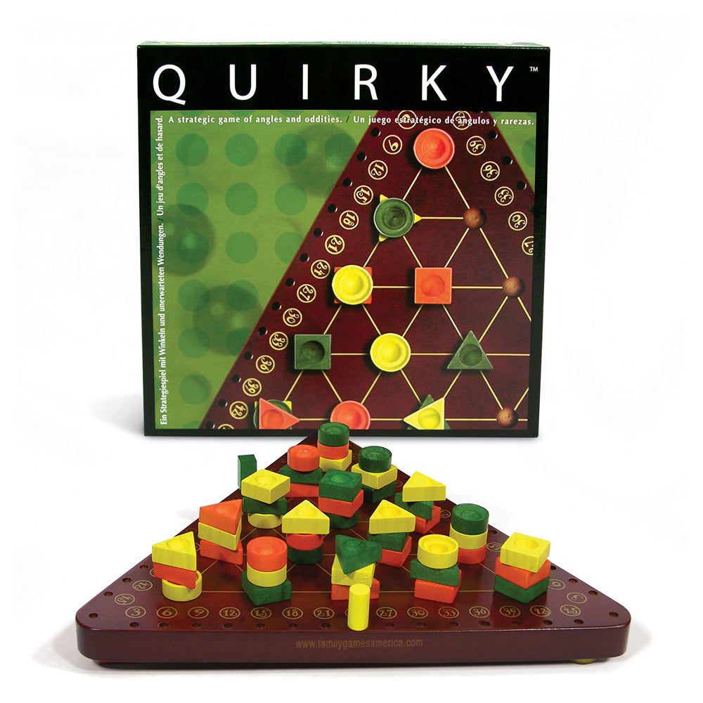 Quirky board game with box showing colorful game pieces on hexagonal board, and 3D wooden pieces in yellow, green, orange, and red stacked on burgundy base