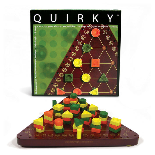 Quirky board game with box showing colorful game pieces on hexagonal board, and 3D wooden pieces in yellow, green, orange, and red stacked on burgundy base