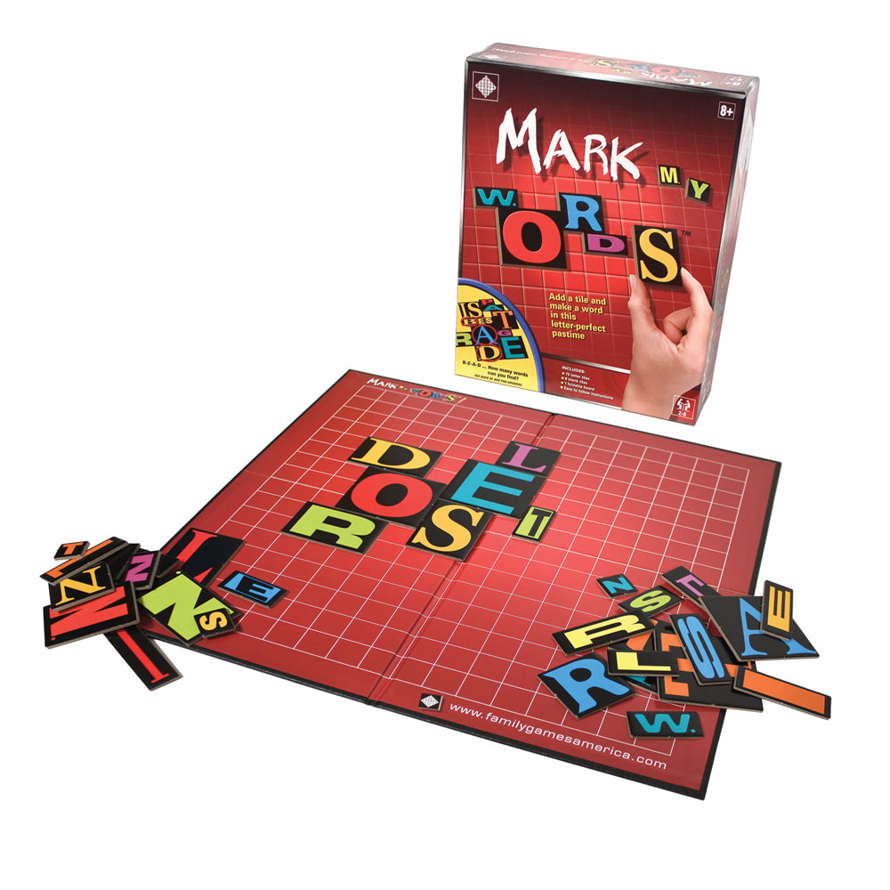 Mark My Words board game box and game board with colorful letter tiles displayed on red grid playing surface