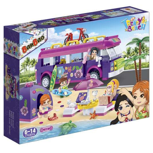 BanBao Trendy Beach Party block set showing purple beach van with pink roof, mini figures, and beach-themed accessories on sandy setting with palm trees