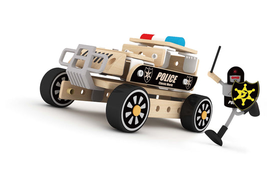 Wooden police vehicle playset with natural wood construction, black and white wheels, gray accents, red and blue roof details, and matching police officer figur