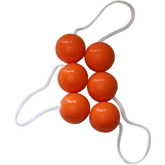 Six orange bounce balls connected by gray and white cord loops, forming a tethered ball toy