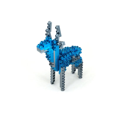 Blue and gray interlocking building blocks assembled into a llama or alpaca figure with tall ears and four legs, against a white background