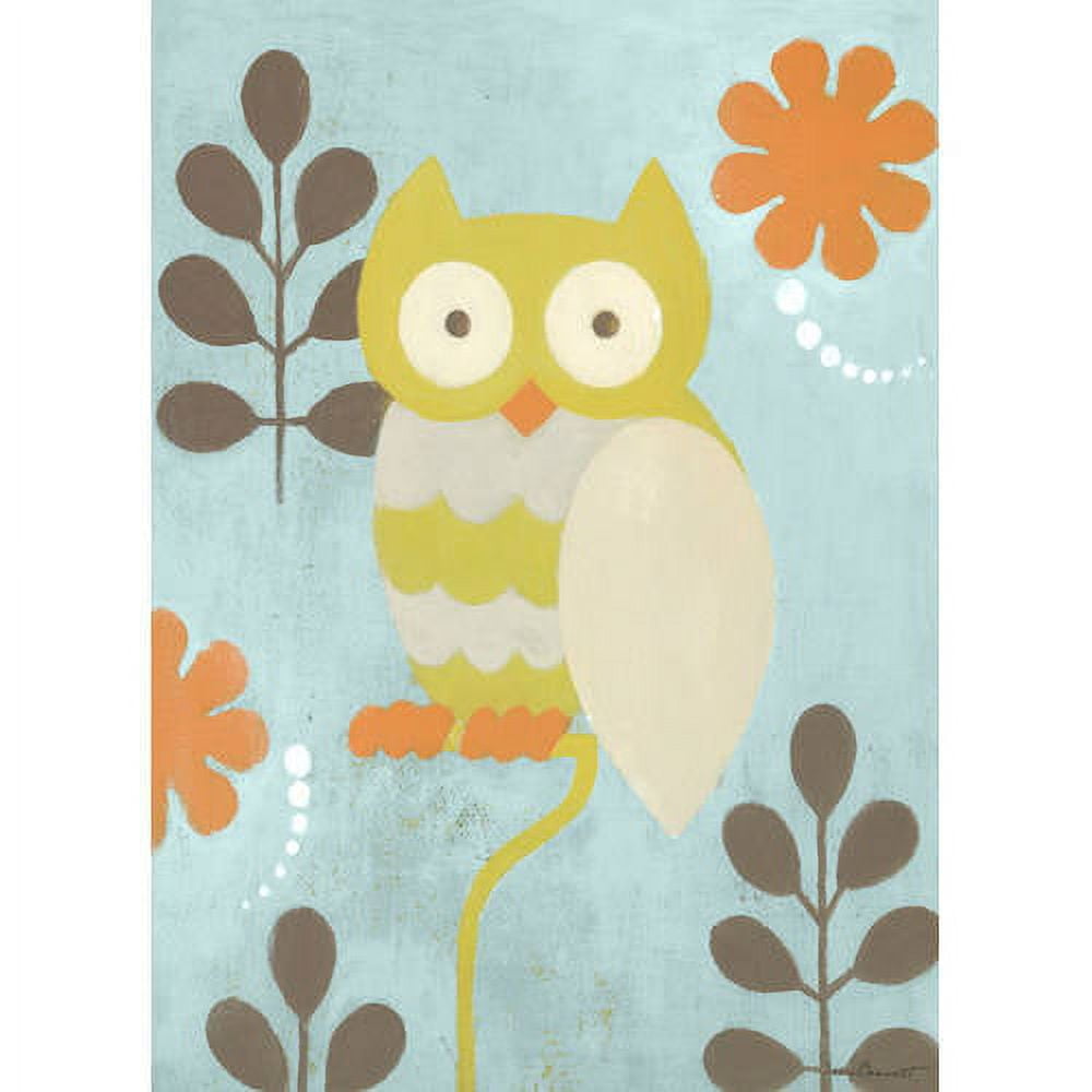 Yellow and cream owl with large round eyes and orange beak, surrounded by brown leaf stems and orange flowers on light blue background
