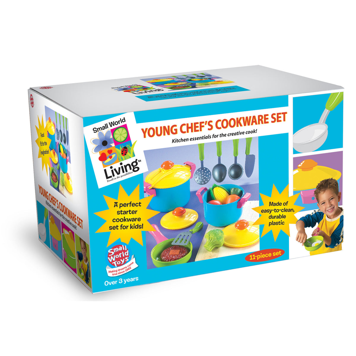 Small World Toys Young Chef's Cookware 11-Piece Playset with colorful plastic pots, pans, and utensils